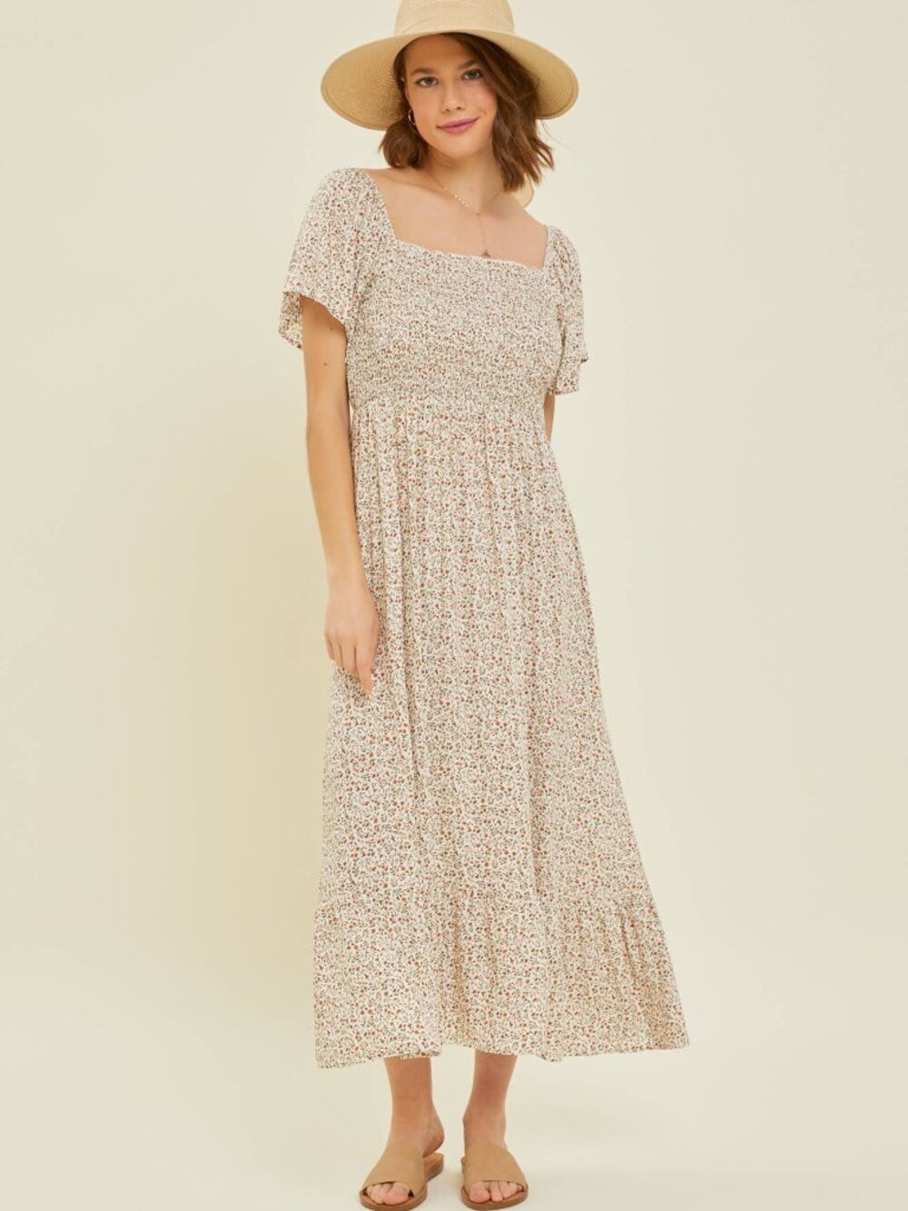 HEYSON Ditsy Floral Smocked Flutter Sleeve Midi Dress Size L NWOT Boho